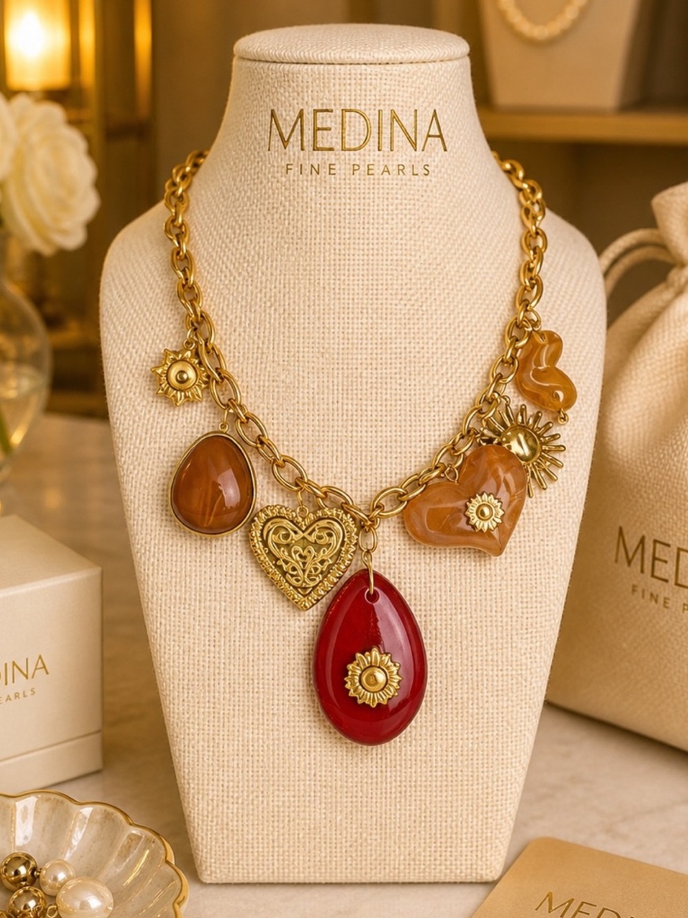 New Medina Gold-Tone Charm Statement Necklace with Red and Amber Pendants